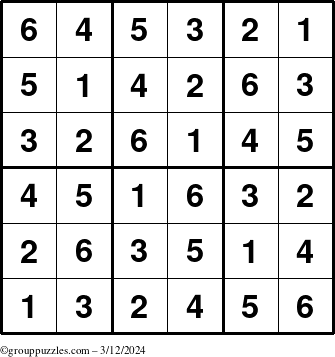 The grouppuzzles.com Answer grid for the Sudoku-6up puzzle for Tuesday March 12, 2024