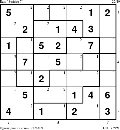 The grouppuzzles.com Easy Sudoku-7 puzzle for Tuesday March 12, 2024 with all 3 steps marked