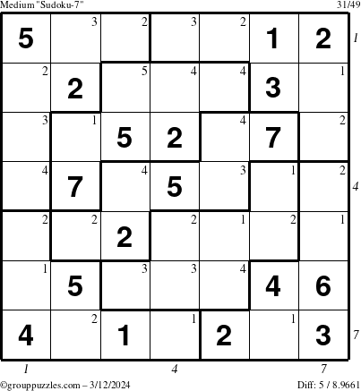 The grouppuzzles.com Medium Sudoku-7 puzzle for Tuesday March 12, 2024 with all 5 steps marked