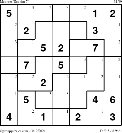 The grouppuzzles.com Medium Sudoku-7 puzzle for Tuesday March 12, 2024 with the first 3 steps marked
