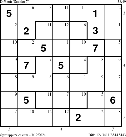 The grouppuzzles.com Difficult Sudoku-7 puzzle for Tuesday March 12, 2024 with all 12 steps marked