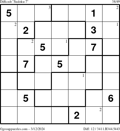 The grouppuzzles.com Difficult Sudoku-7 puzzle for Tuesday March 12, 2024 with the first 3 steps marked