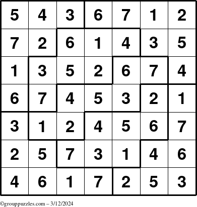 The grouppuzzles.com Answer grid for the Sudoku-7 puzzle for Tuesday March 12, 2024