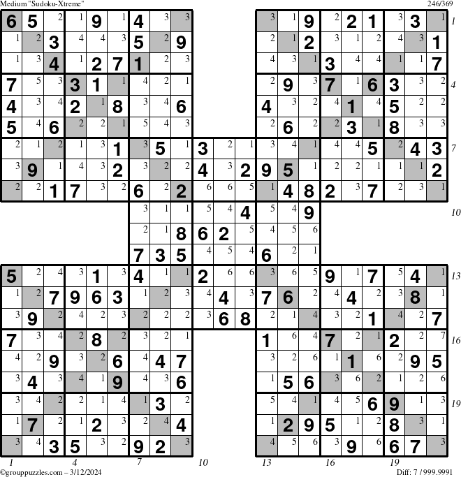 The grouppuzzles.com Medium Sudoku-Xtreme puzzle for Tuesday March 12, 2024 with all 7 steps marked