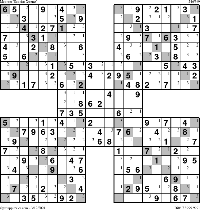 The grouppuzzles.com Medium Sudoku-Xtreme puzzle for Tuesday March 12, 2024 with the first 3 steps marked