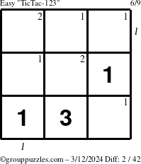 The grouppuzzles.com Easy TicTac-123 puzzle for Tuesday March 12, 2024 with all 2 steps marked