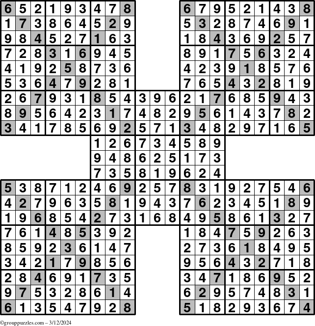 The grouppuzzles.com Answer grid for the Sudoku-Xtreme puzzle for Tuesday March 12, 2024