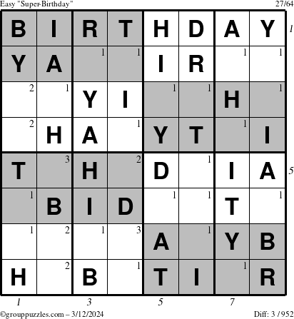 The grouppuzzles.com Easy Super-Birthday puzzle for Tuesday March 12, 2024 with all 3 steps marked