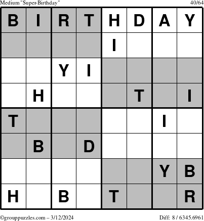 The grouppuzzles.com Medium Super-Birthday puzzle for Tuesday March 12, 2024