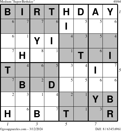 The grouppuzzles.com Medium Super-Birthday puzzle for Tuesday March 12, 2024 with all 8 steps marked