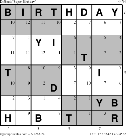 The grouppuzzles.com Difficult Super-Birthday puzzle for Tuesday March 12, 2024 with all 12 steps marked