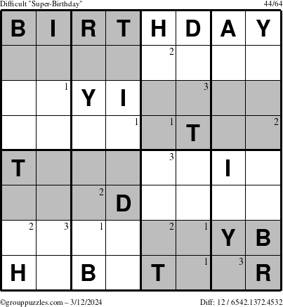 The grouppuzzles.com Difficult Super-Birthday puzzle for Tuesday March 12, 2024 with the first 3 steps marked