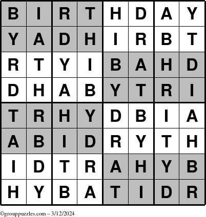 The grouppuzzles.com Answer grid for the Super-Birthday puzzle for Tuesday March 12, 2024
