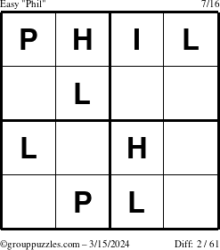 The grouppuzzles.com Easy Phil puzzle for Friday March 15, 2024
