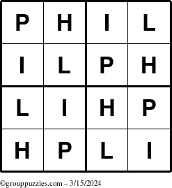 The grouppuzzles.com Answer grid for the Phil puzzle for Friday March 15, 2024