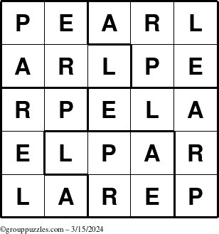 The grouppuzzles.com Answer grid for the Pearl puzzle for Friday March 15, 2024