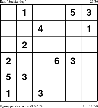 The grouppuzzles.com Easy Sudoku-6up puzzle for Friday March 15, 2024