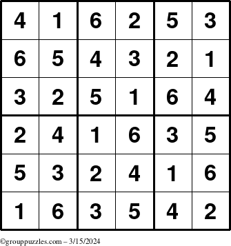 The grouppuzzles.com Answer grid for the Sudoku-6up puzzle for Friday March 15, 2024