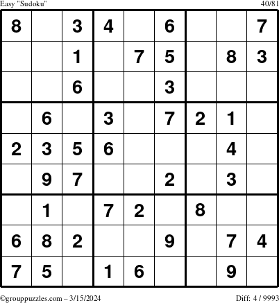 The grouppuzzles.com Easy Sudoku puzzle for Friday March 15, 2024