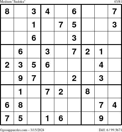 The grouppuzzles.com Medium Sudoku puzzle for Friday March 15, 2024