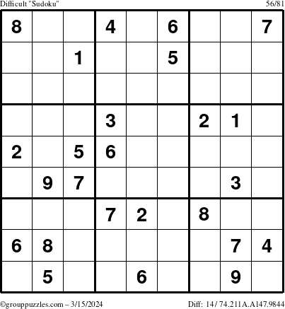 The grouppuzzles.com Difficult Sudoku puzzle for Friday March 15, 2024