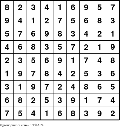 The grouppuzzles.com Answer grid for the Sudoku puzzle for Friday March 15, 2024