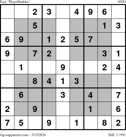 The grouppuzzles.com Easy HyperSudoku puzzle for Friday March 15, 2024