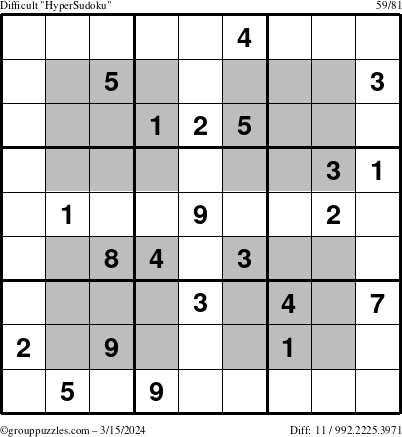 The grouppuzzles.com Difficult HyperSudoku puzzle for Friday March 15, 2024