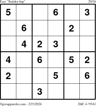 The grouppuzzles.com Easy Sudoku-6up puzzle for Friday February 23, 2024