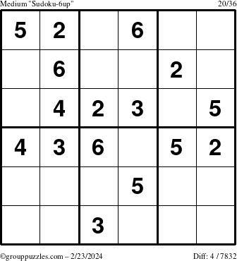 The grouppuzzles.com Medium Sudoku-6up puzzle for Friday February 23, 2024