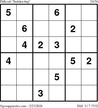The grouppuzzles.com Difficult Sudoku-6up puzzle for Friday February 23, 2024