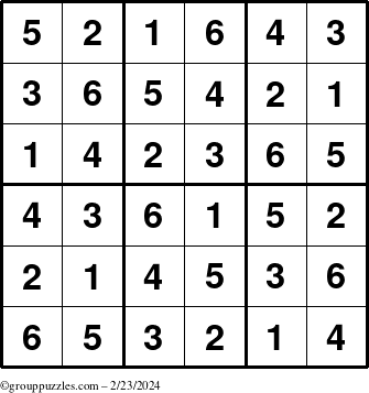 The grouppuzzles.com Answer grid for the Sudoku-6up puzzle for Friday February 23, 2024