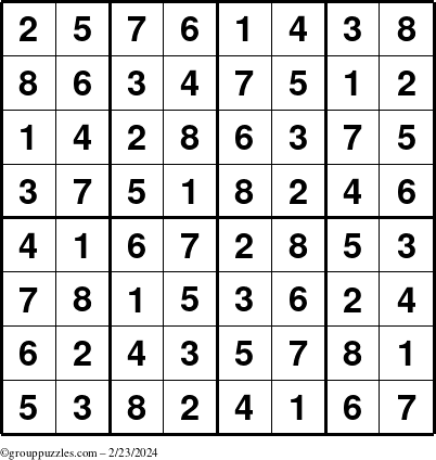 The grouppuzzles.com Answer grid for the Sudoku-8up puzzle for Friday February 23, 2024