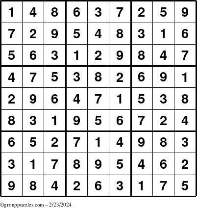 The grouppuzzles.com Answer grid for the Sudoku puzzle for Friday February 23, 2024