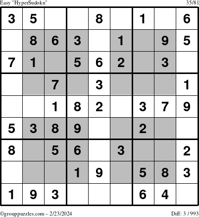 The grouppuzzles.com Easy HyperSudoku puzzle for Friday February 23, 2024