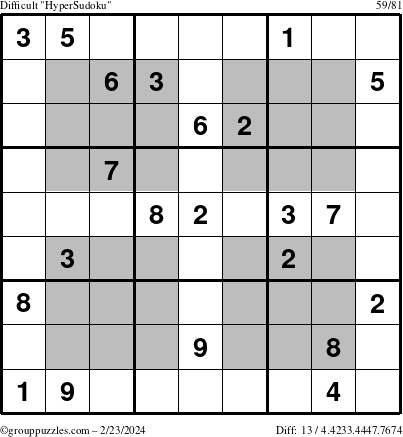 The grouppuzzles.com Difficult HyperSudoku puzzle for Friday February 23, 2024