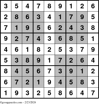 The grouppuzzles.com Answer grid for the HyperSudoku puzzle for Friday February 23, 2024