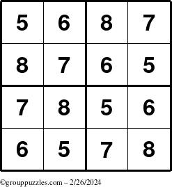 The grouppuzzles.com Answer grid for the Sudoku-4-5678 puzzle for Monday February 26, 2024