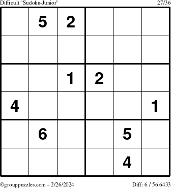 The grouppuzzles.com Difficult Sudoku-Junior puzzle for Monday February 26, 2024