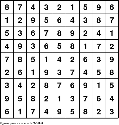 The grouppuzzles.com Answer grid for the Sudoku puzzle for Monday February 26, 2024