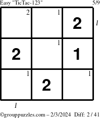 The grouppuzzles.com Easy TicTac-123 puzzle for Saturday February 3, 2024 with all 2 steps marked