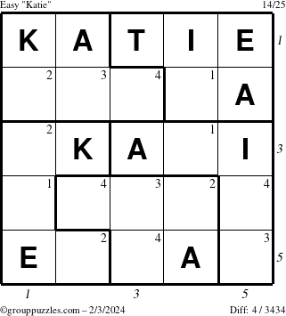 The grouppuzzles.com Easy Katie puzzle for Saturday February 3, 2024 with all 4 steps marked