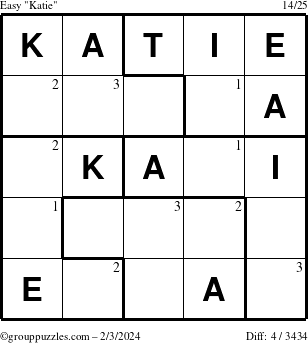 The grouppuzzles.com Easy Katie puzzle for Saturday February 3, 2024 with the first 3 steps marked