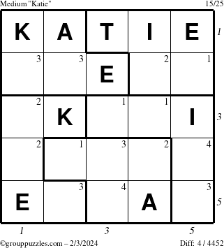 The grouppuzzles.com Medium Katie puzzle for Saturday February 3, 2024 with all 4 steps marked