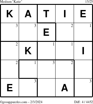The grouppuzzles.com Medium Katie puzzle for Saturday February 3, 2024 with the first 3 steps marked