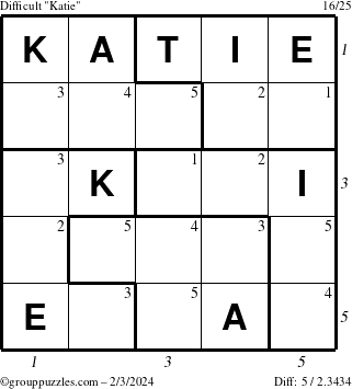 The grouppuzzles.com Difficult Katie puzzle for Saturday February 3, 2024 with all 5 steps marked
