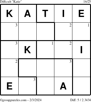 The grouppuzzles.com Difficult Katie puzzle for Saturday February 3, 2024 with the first 3 steps marked