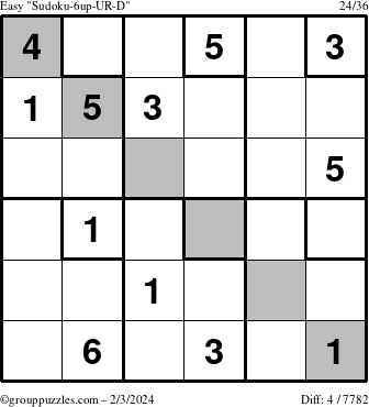 The grouppuzzles.com Easy Sudoku-6up-UR-D puzzle for Saturday February 3, 2024