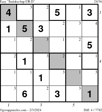 The grouppuzzles.com Easy Sudoku-6up-UR-D puzzle for Saturday February 3, 2024 with all 4 steps marked