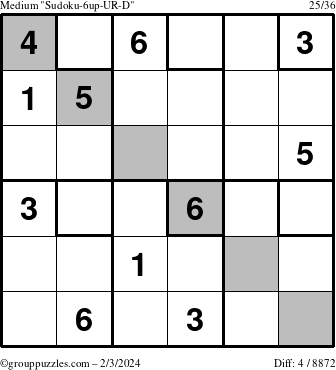 The grouppuzzles.com Medium Sudoku-6up-UR-D puzzle for Saturday February 3, 2024